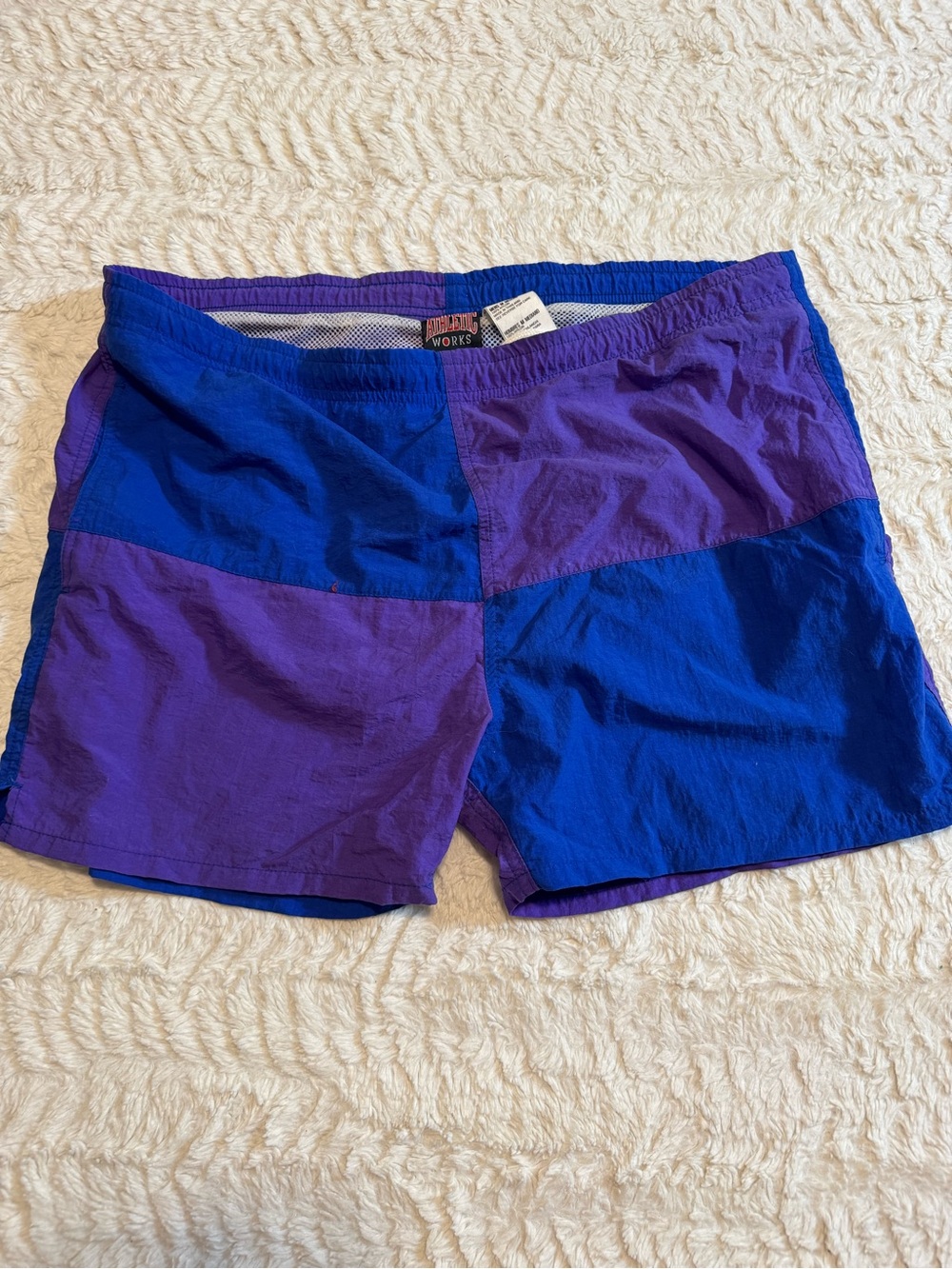 Vintage Athletic Works Blue Purple Colorblock Nylon Shorts 90s Mens M